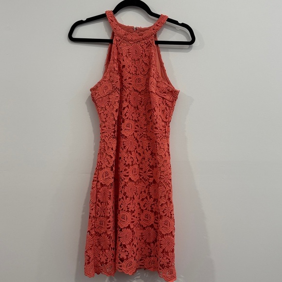 Lulus Love Poem Coral Orange / coral lace mini dress, medium - Picture 2 of 7